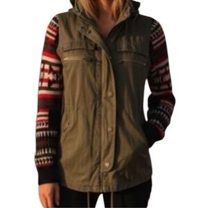 Thread & Supply Army Green  Utility Jacket with Patterned Sleeves